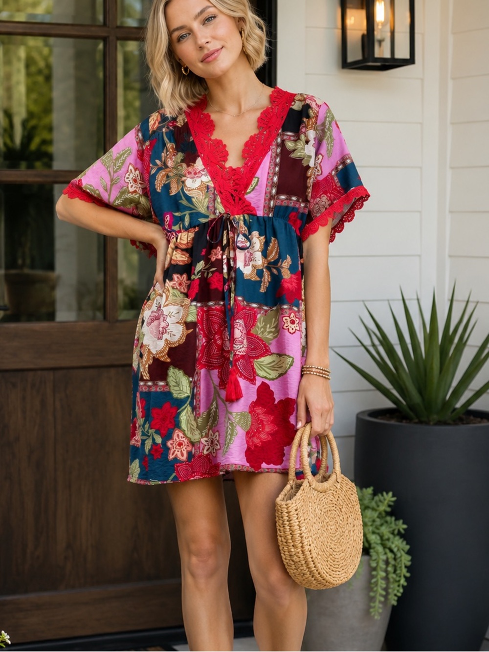 Pink Mix Abstract Print V-Neck Mini Dress